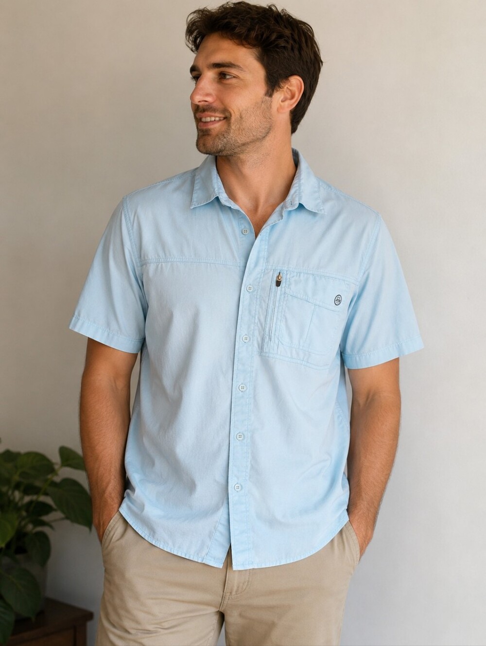 Wrangler Men's Light Blue All Terrain Gear Casual Button Down Shirt